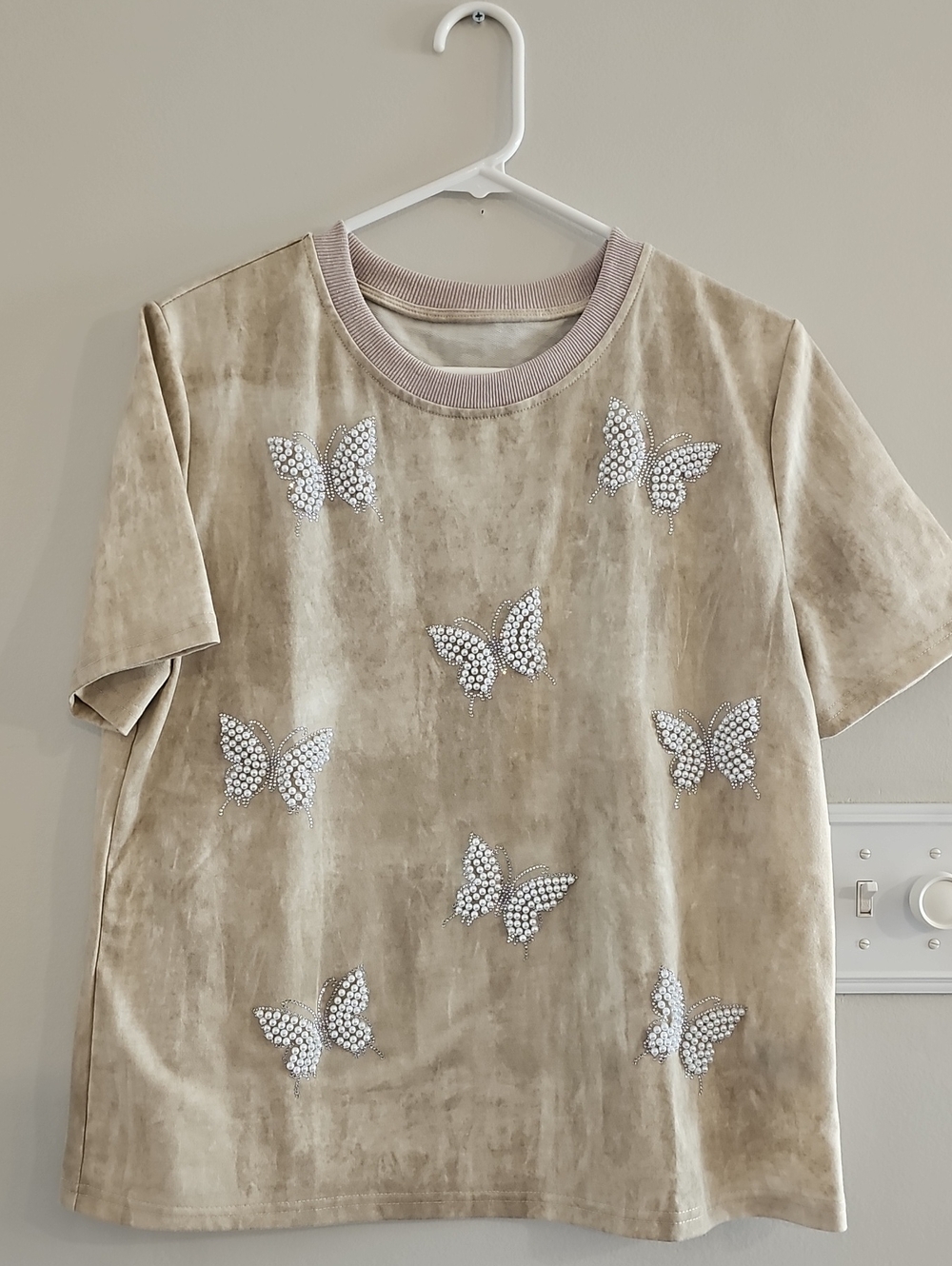 Beige Butterfly Embellished Tee